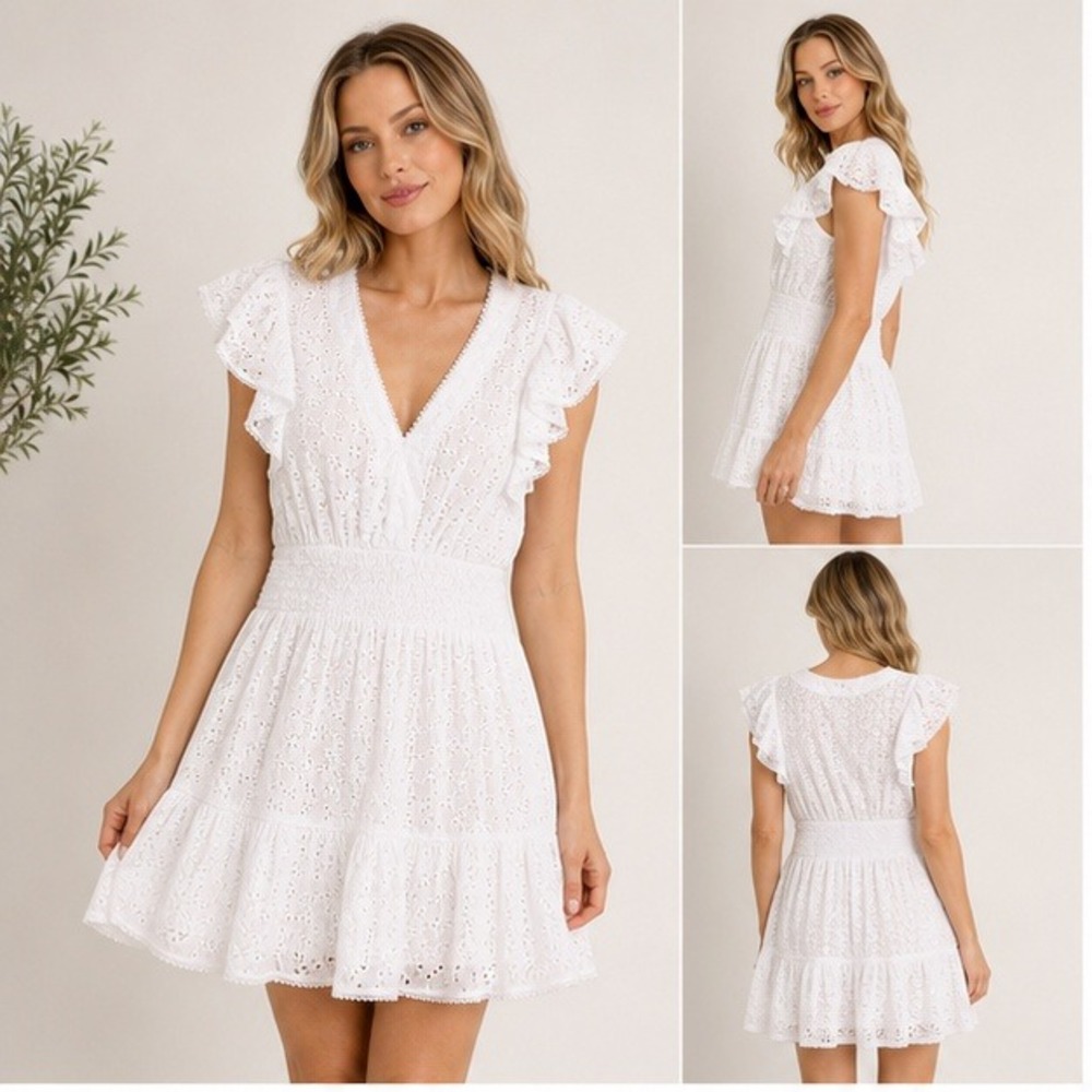 Poupette St Barth Camila Mini Dress Cotton M Optic White Eyelet Smocked Ruffle
